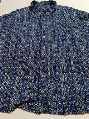 Vintage Puritan Blue Geometric Hawaiian Button Shirt Men's 2XL